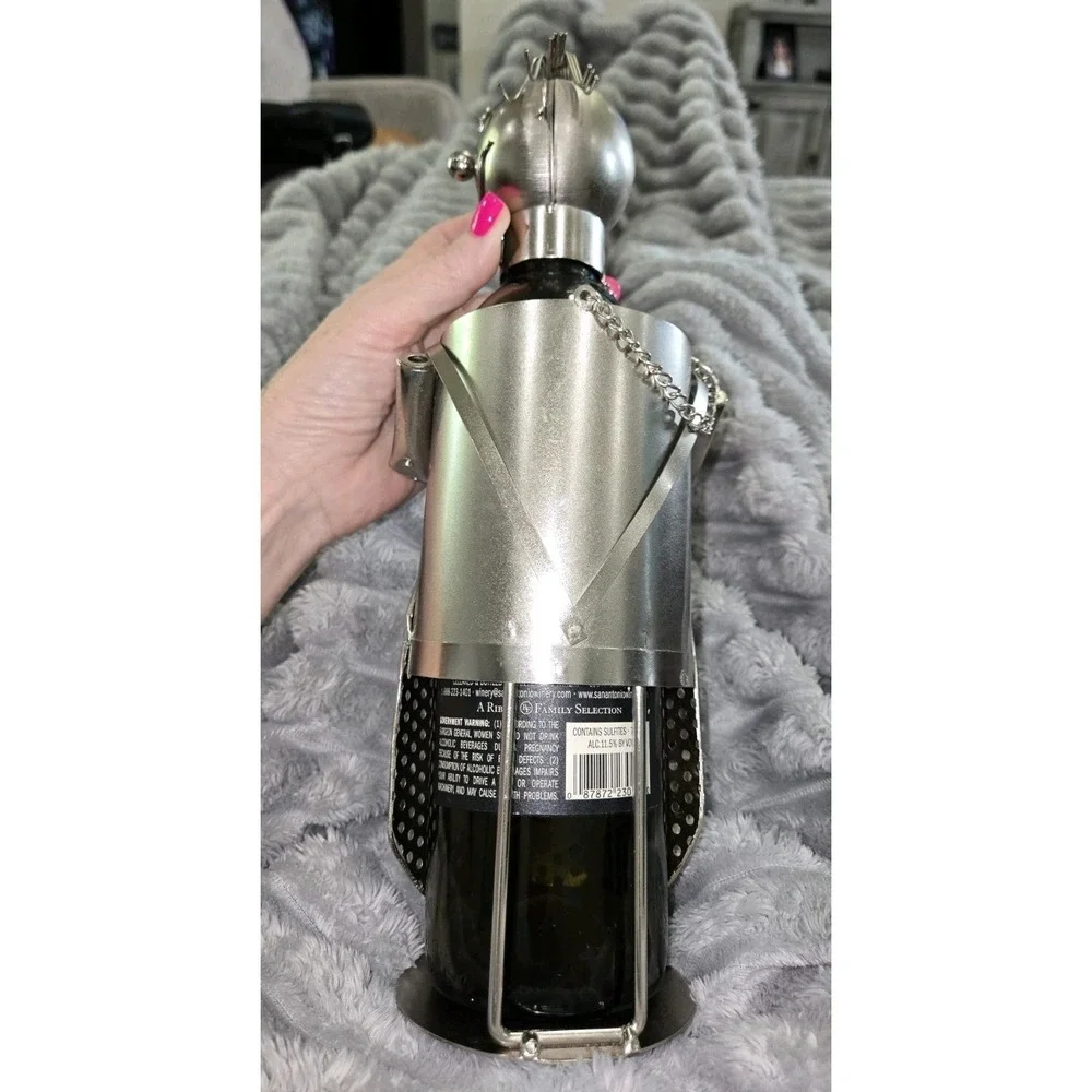 Metal Wine Bottle Holder Whimsical Figure Reading to Child Industrial Art Silver
